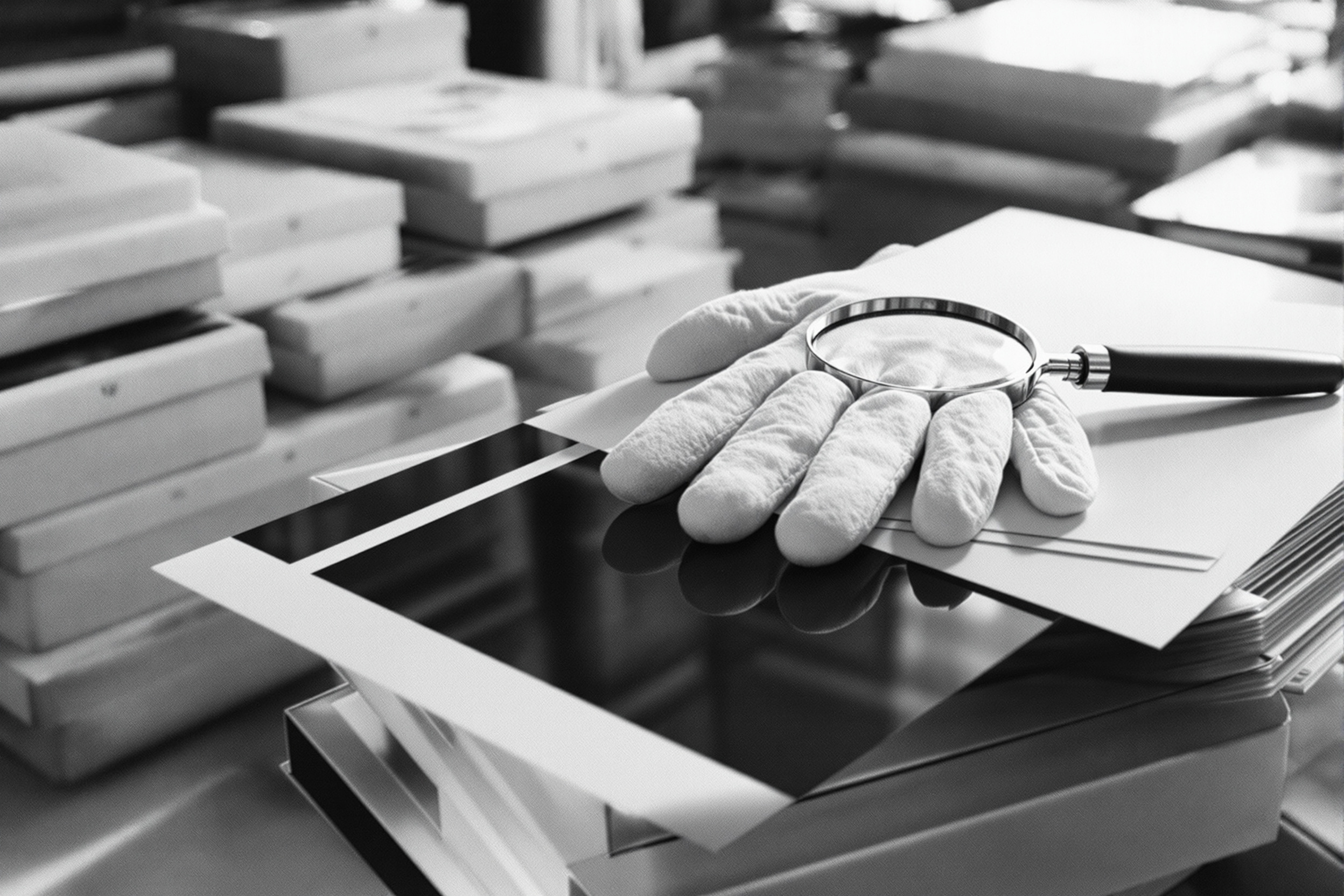Archival print boxes, cotton gloves and a loupe on a contact sheet