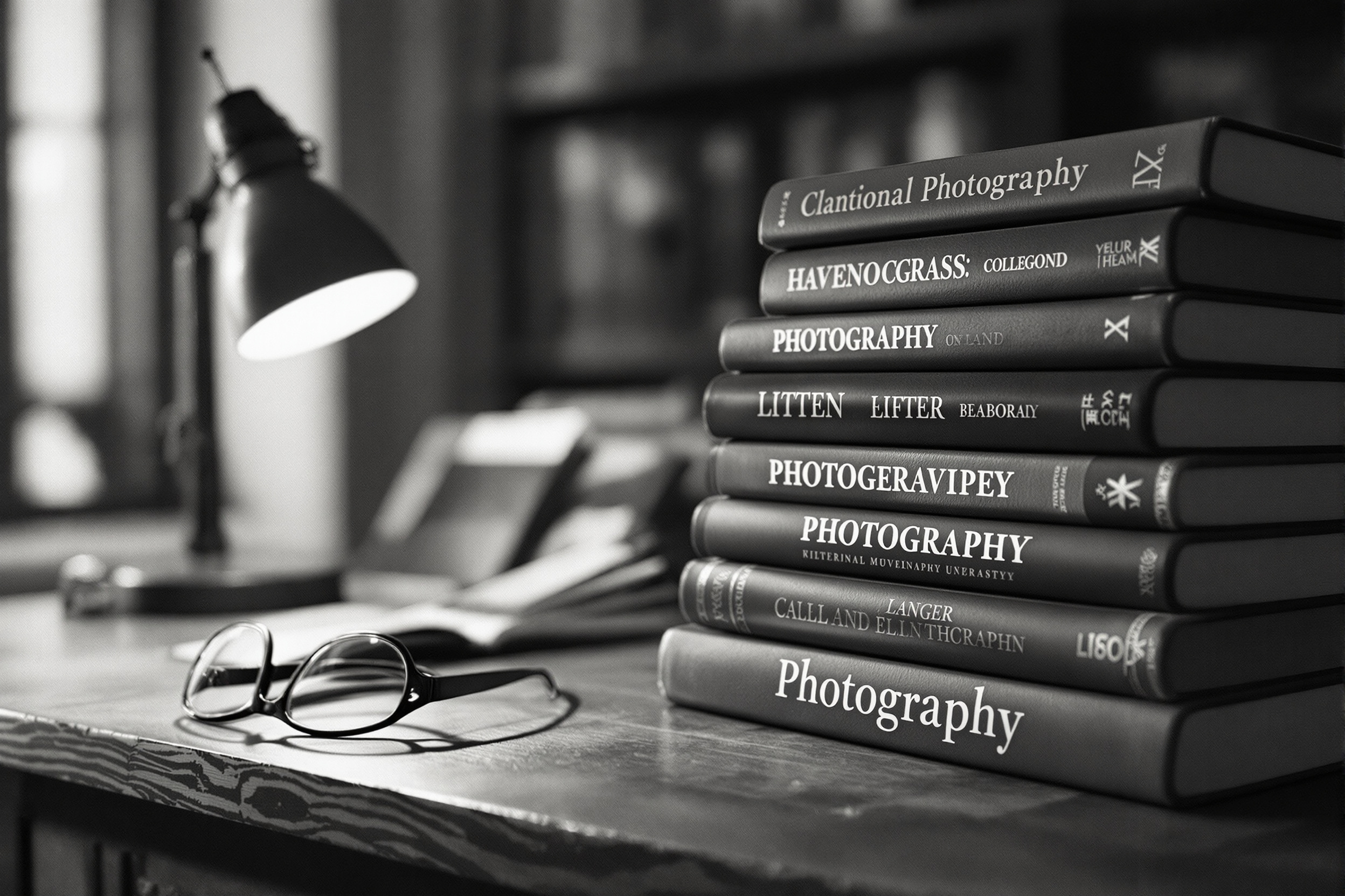 Stack of worn photography books beside reading glasses and a glowing desk lamp