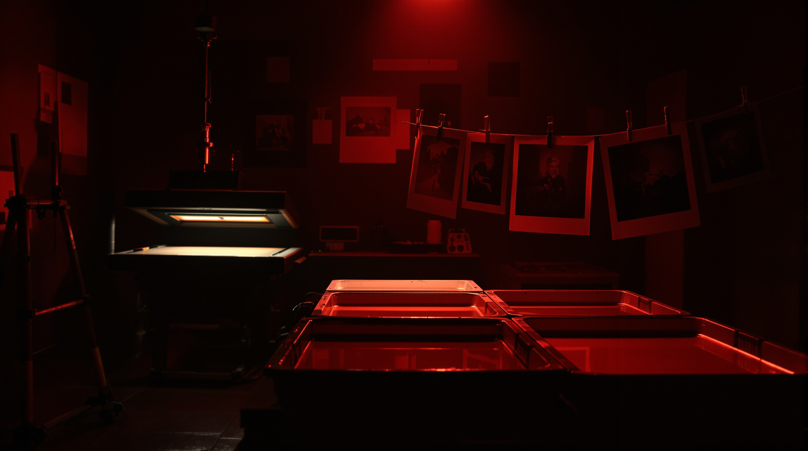 Darkroom under red safelight with enlarger, developing trays and prints on a line