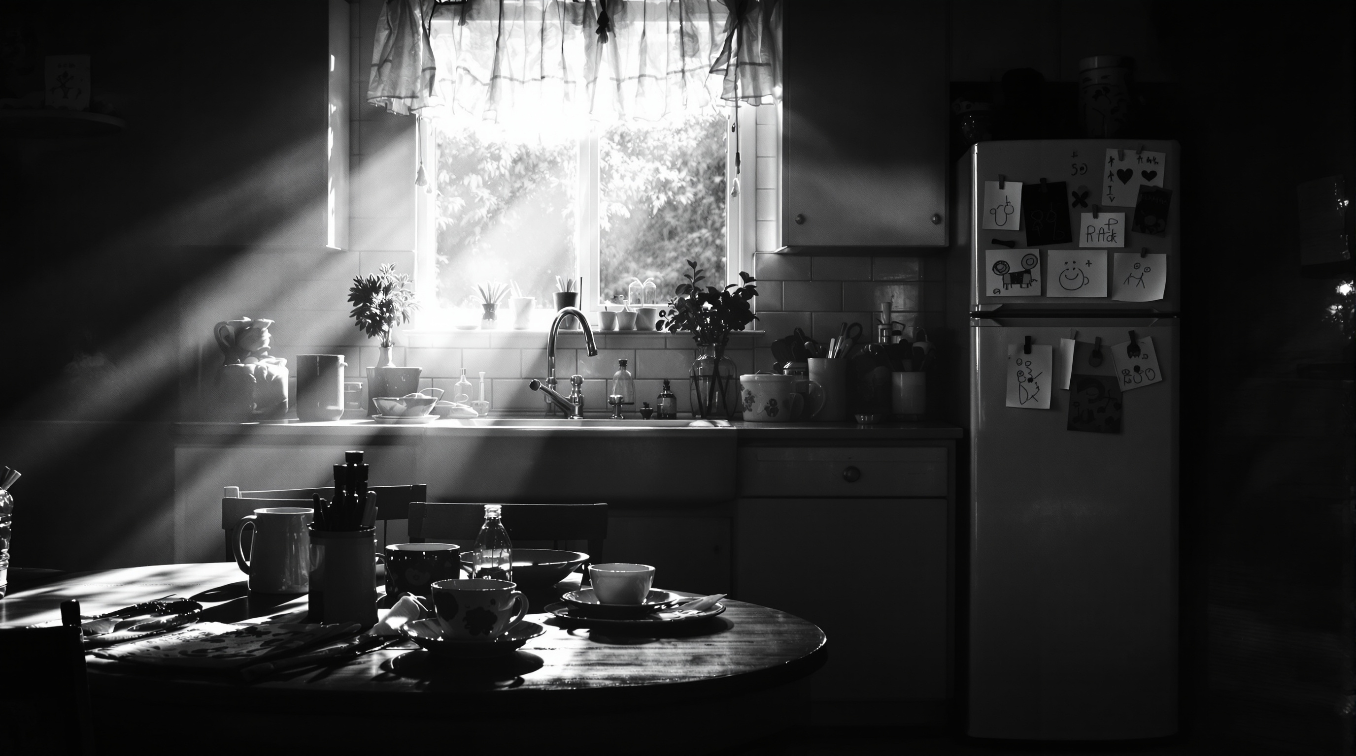 Empty family kitchen in morning light with breakfast dishes and children's drawings