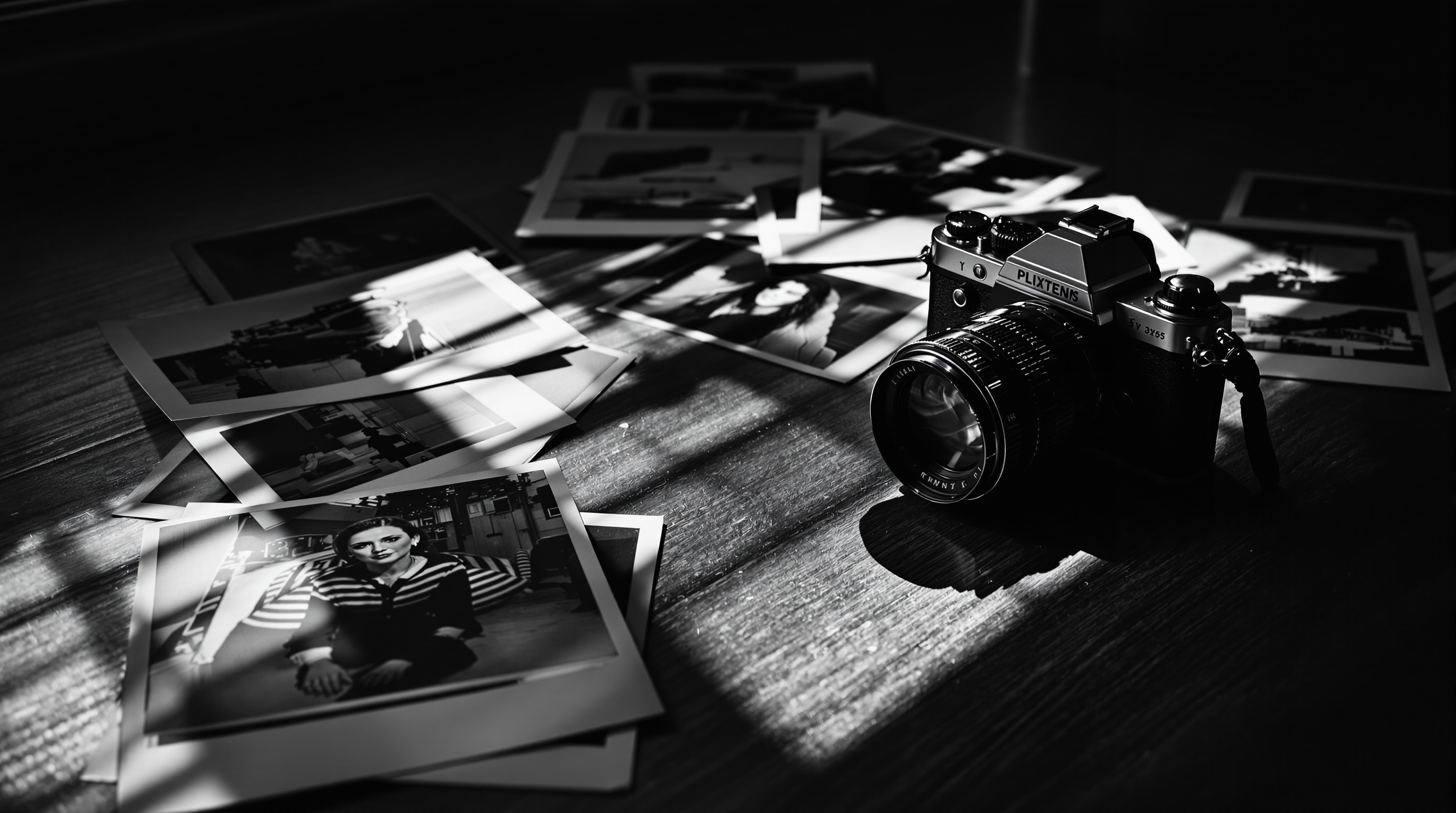 Vintage camera and black-and-white prints spread across a wooden table in window light